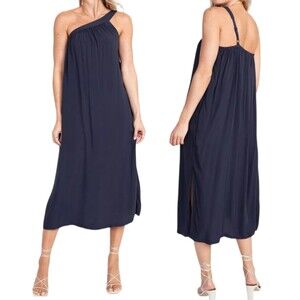 Old Navy One Shoulder Midi Dress Womens Medium Navy Pleated Rayon Bohemian